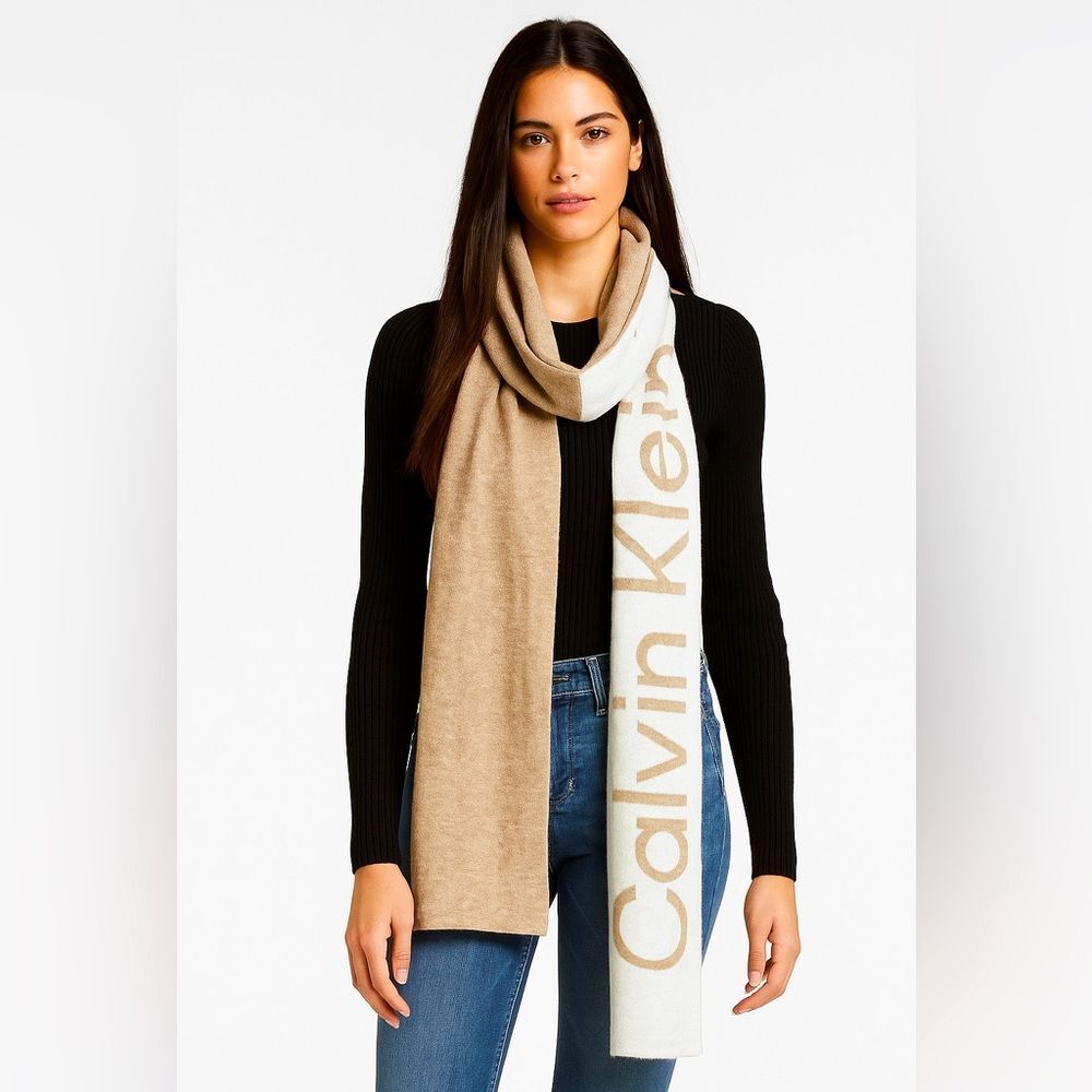 Calvin Klein Women’s Scarf Colorblock 2 tone Tan Cream NEW Giftable